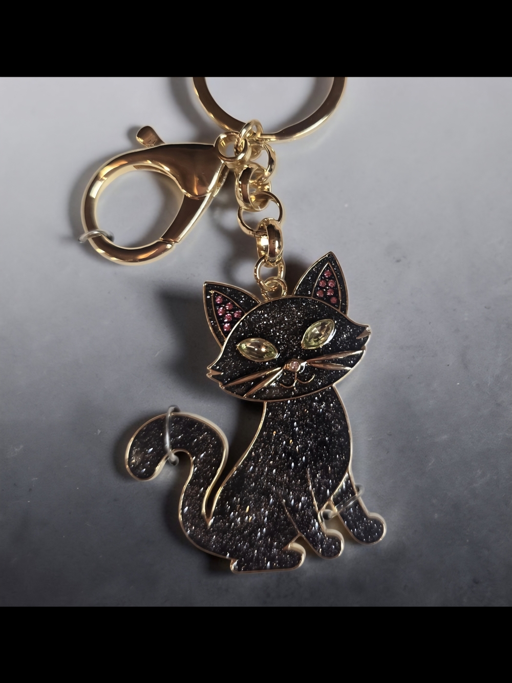 BaubleBar Feline Pretty Black Glitter Cat Keychain W Rhinestone Accents. New